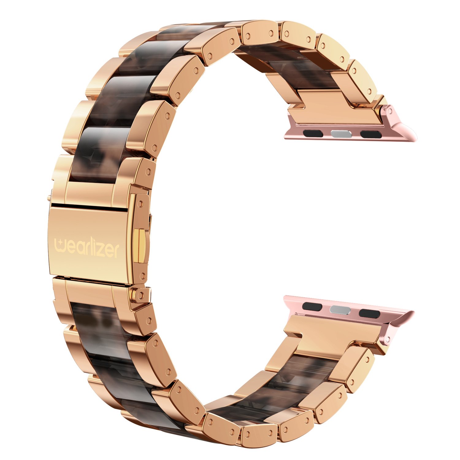 Wearlizer Compatible with Apple Watch Bands 42/44/45/46/49mm Wristband Womens Mens， Stainless Steel Fashion Resin Strap iWatch Series 11 10 9 8 7 6 5 4 3 SE/Ultra 3 2 1-Dark Rose Gold+Tortoise
