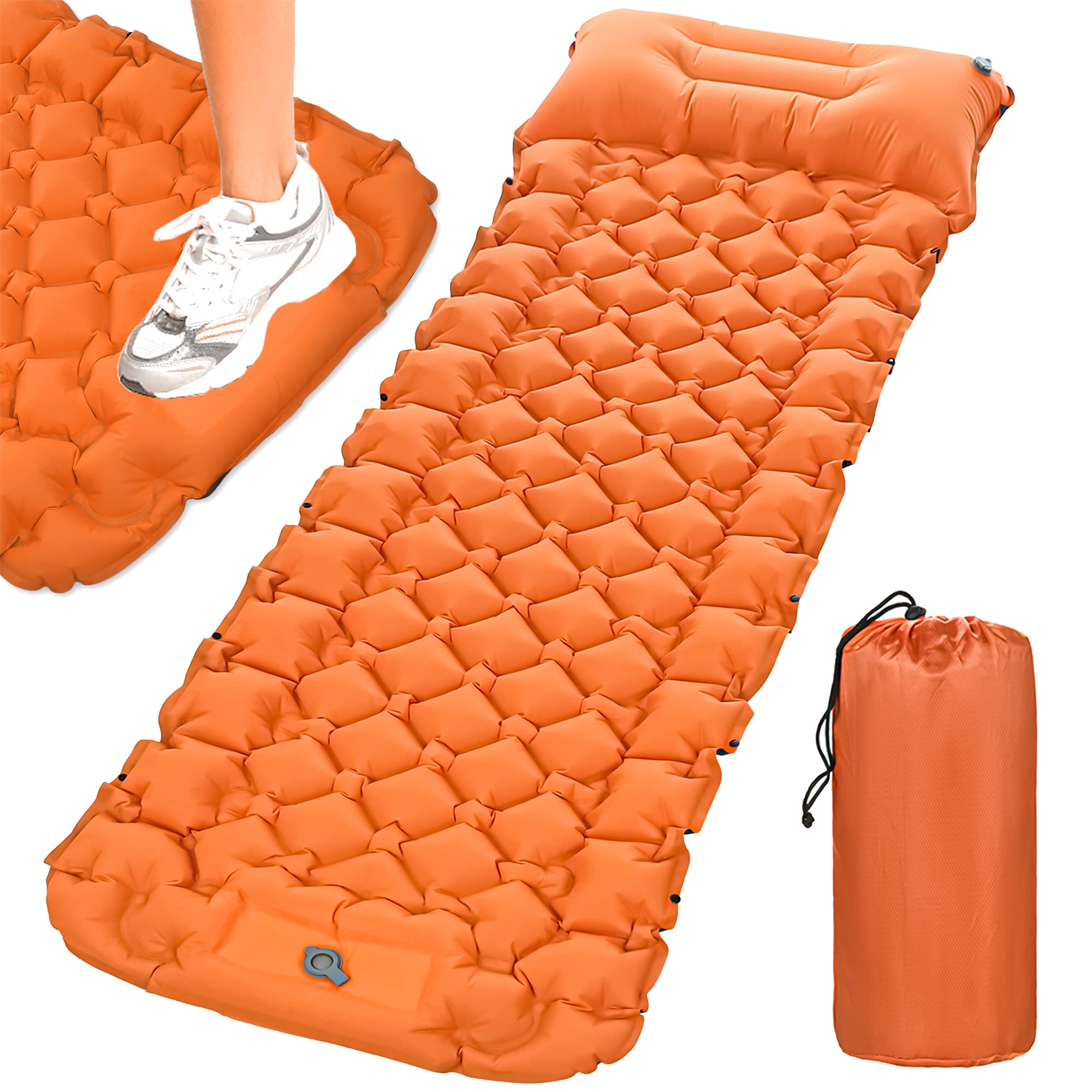 PEAK COMFORT Self-Inflating Sleeping Mat for Camping - Thick Waterproof Mat in Sundial Orange for Outdoor Hiking, Backpacking, Camping - Built-In Foot Pump & Pillow, Carrier Bag Included.
