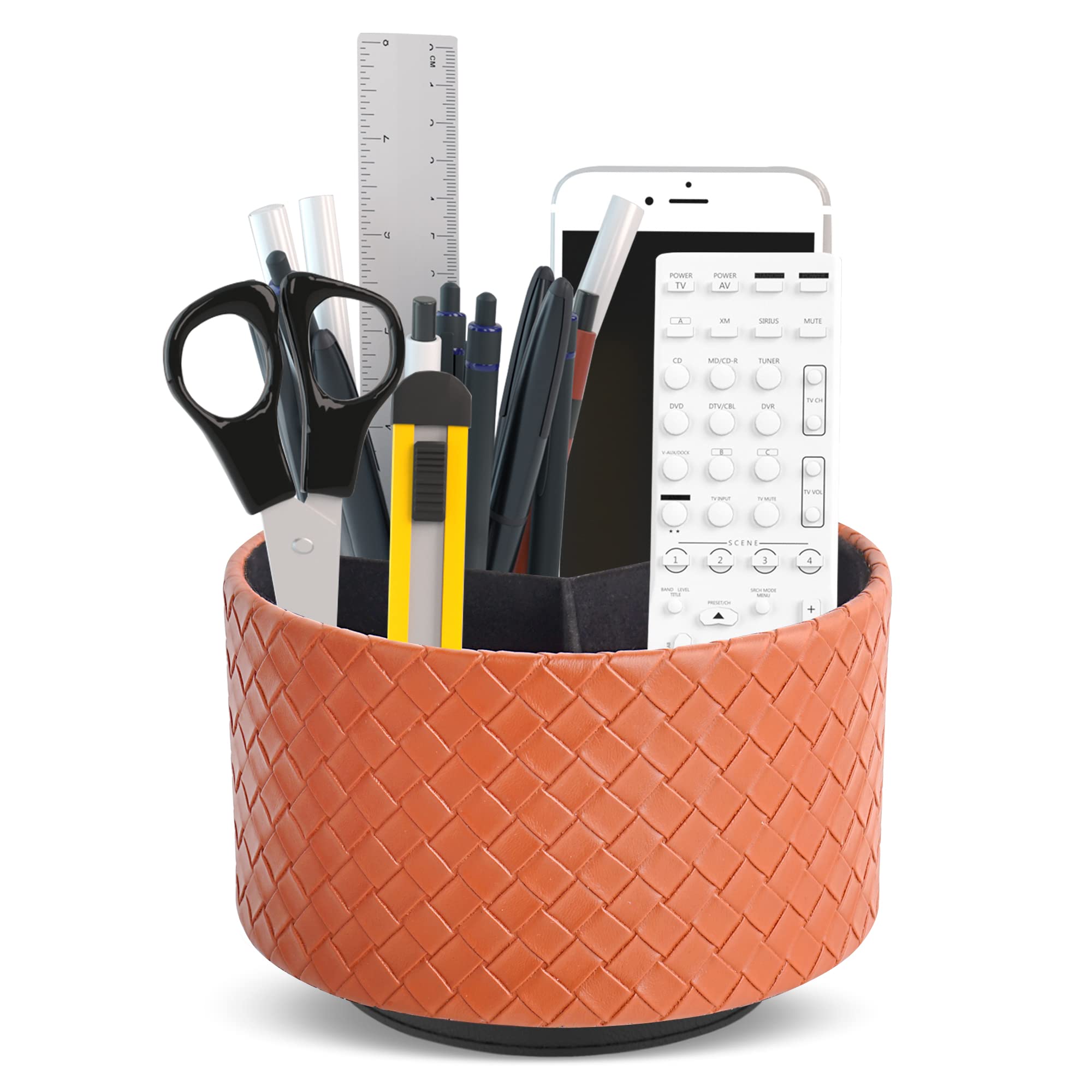 Czzmy Round Leather Art Supply Organizer,Remote Control Holder with Adjustable Divider,360 Degree Spinning,Multi-Functional Pencil Holder,4 Compartments Desktop Stationary Organizer(1-Brown)