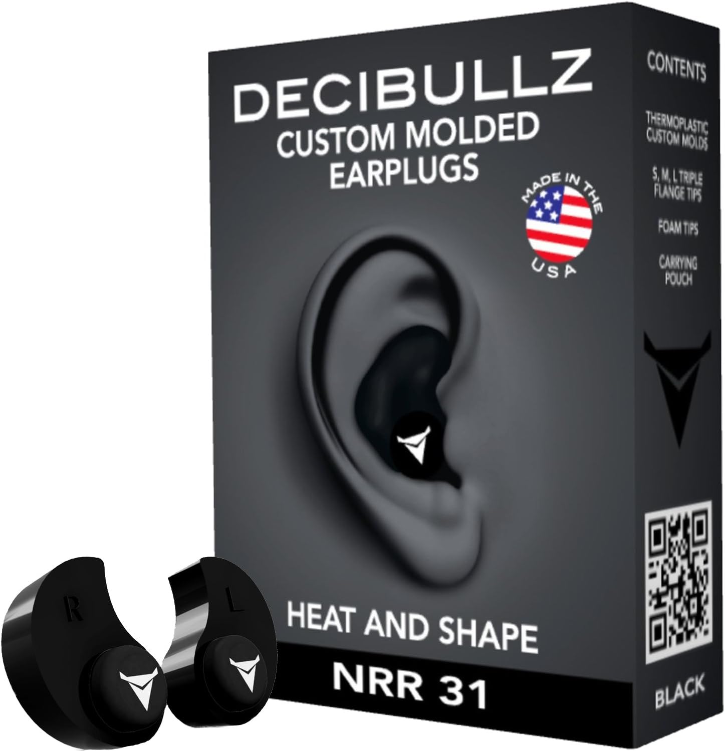 Decibullz - Custom Molded Earplugs, 31dB Highest NRR, Comfortable Hearing Protection for Shooting, Travel, Swimming, Work and Concerts (Black)