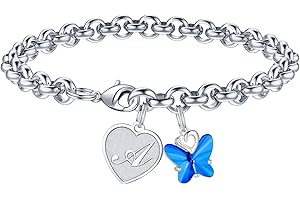 IEFWELL Initial Charm Bracelets for Girls - Crystal Butterfly Bracelets for Teen Girls Gifts Trendy Stuff Dainty Heart Initial Charm Bracelet for Girl Women Butterfly Jewelry Gifts