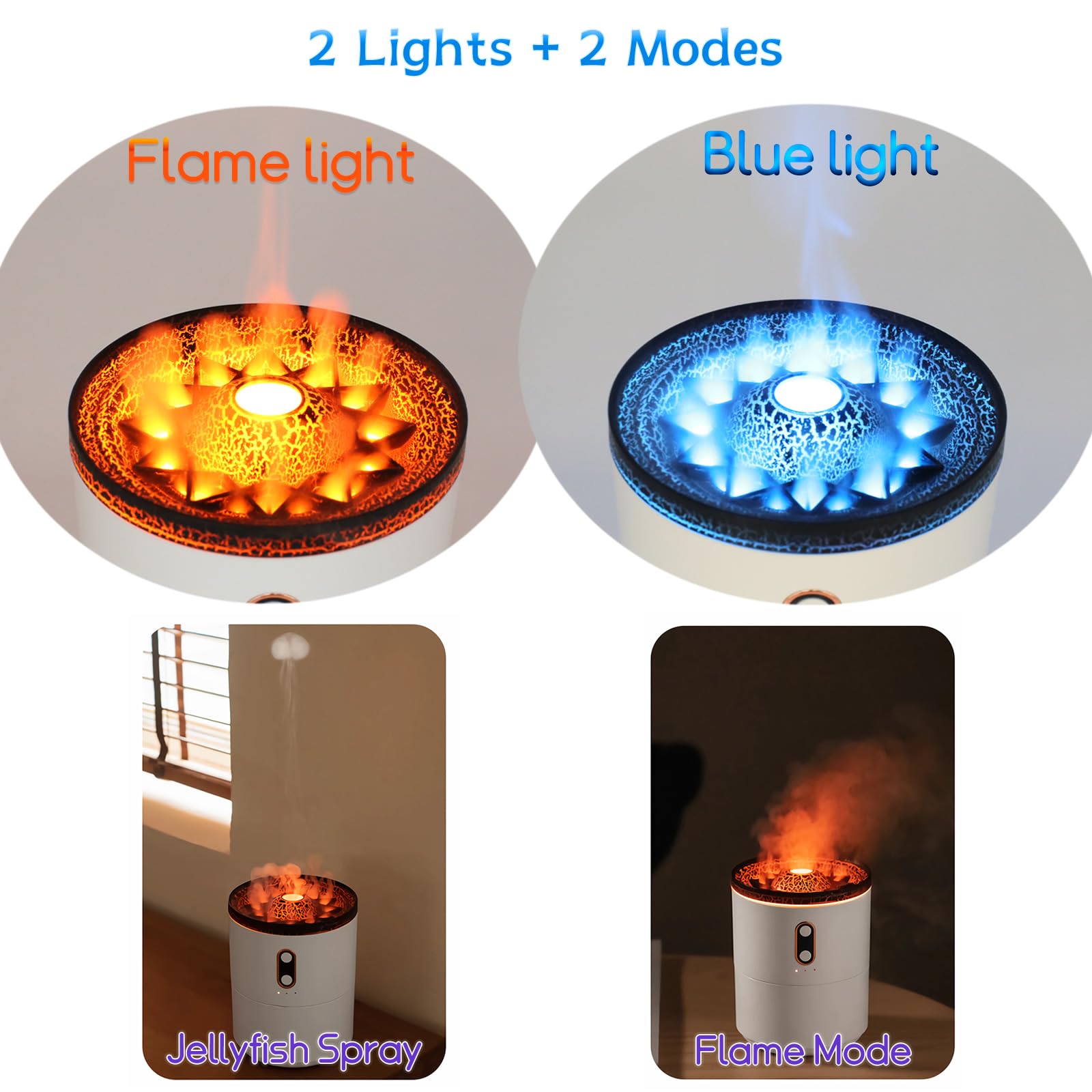 Humidifier, 500ml USB Desktop Cool Mist Air Humidifier with Night Light, Volcano Diffuser, Jellyfish and Flame 2 Mist Modes, Timer Shutdown, for Bedroom Plants Office Home Baby Room Travel