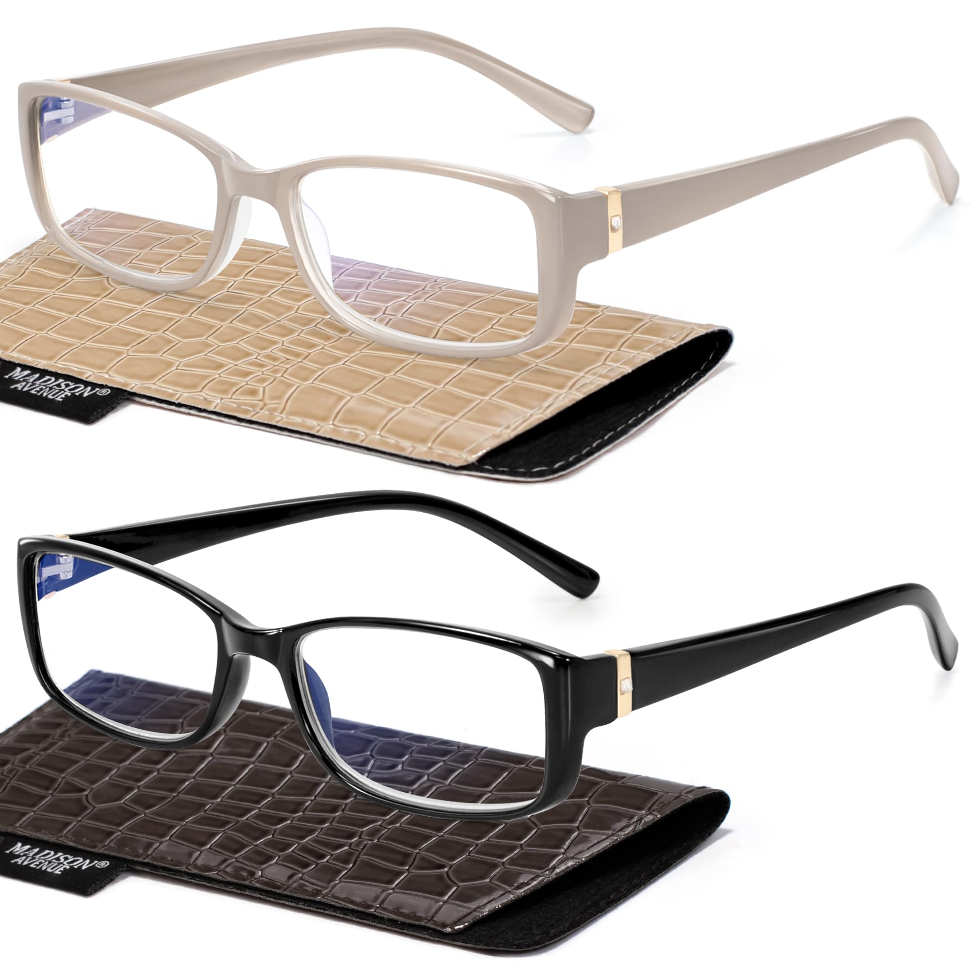 Photo 1 of Madison Avenue 2 Pack Classic Blue Light Blocking Reading Glasses for Women, Vintage Anti Glare/Eyestrain Computer Readers Black/Nude Beige +3.5