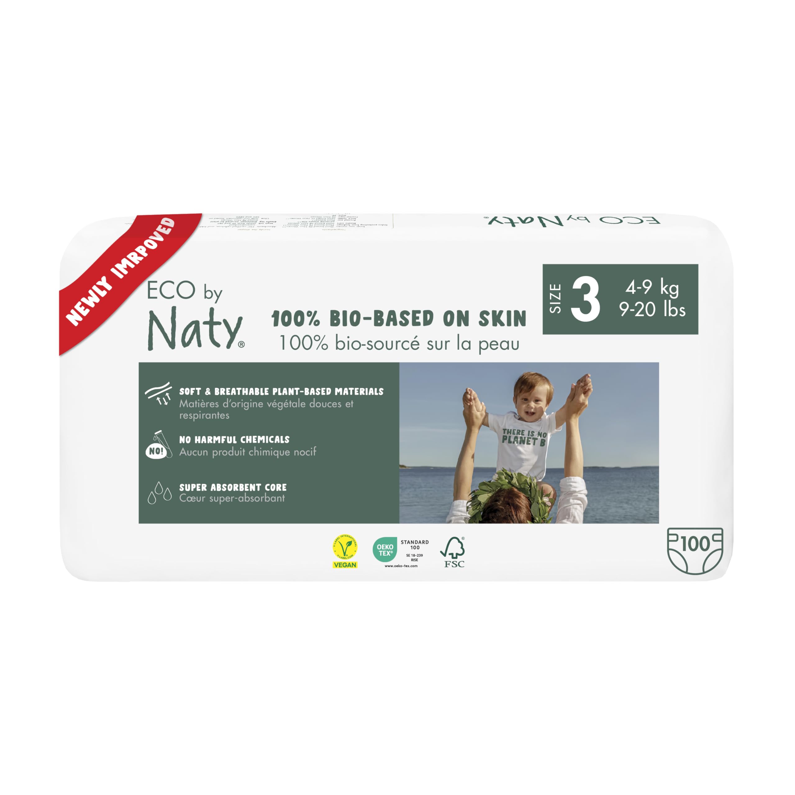 Naty Baby Nappies - 100% Plant-Based Materials on Skin, Soft, for Sensitive Skin & Super Absorbent (Size 3, 100 Count)