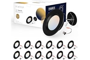 POWERASIA 12 Pack 5/6 Inch Black LED Can Lights Retrofit Recessed Lighting, 5CCT 6 Inch Recessed Lights Selectable 2700K-6000K Dimmable, 12W=75W, 1200LM Downlight with Metal Smooth Trim-ETL and Energy Star