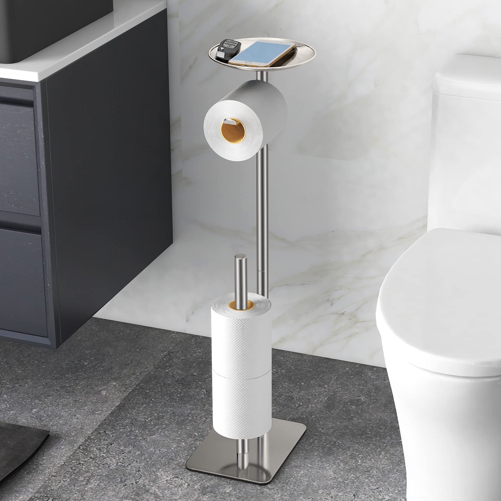 FEILERN Toilet Paper Holder Stand for Bathroom Floor Standing Toilet Roll Dispenser Storages 4 Reserve Rolls, with Top Storage Shelf for Cell Phones, Wipe, Wallet and More(Brush Nickel)