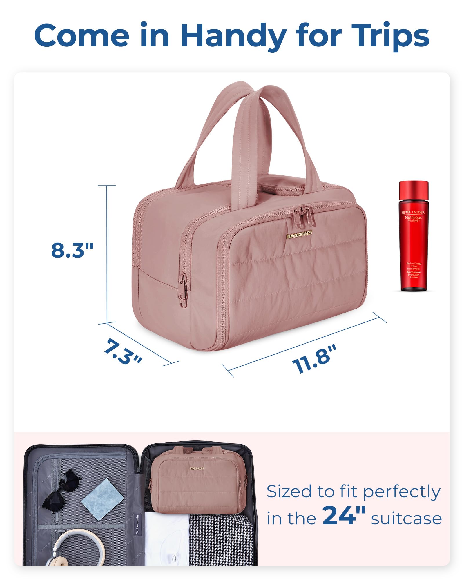 BAGSMART Travel Toiletry Bag, Lightweight Large Wide-open Travel Bag for Women, Puffy Cosmetic Makeup Bag Organizer with Handle for Accessories,Essentials, Toiletries, Dark Pink