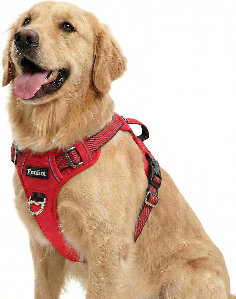 Funfox Dog Harness Large Size No Pull Front Clip Reflective Red L