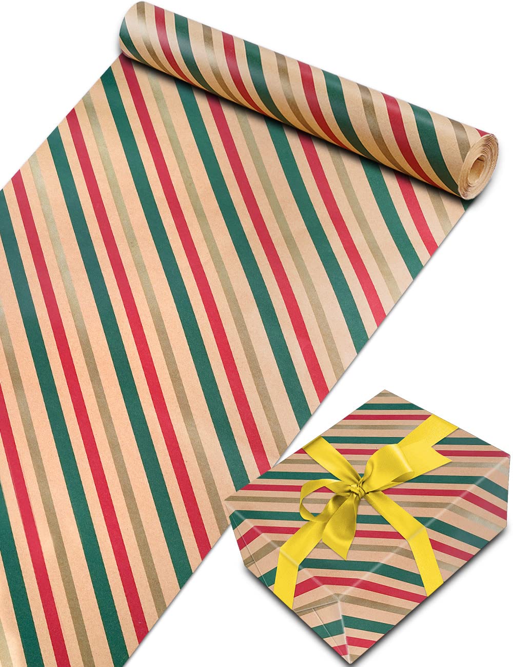 Christmas Wrapping Paper Roll 44CM x 30M, TOYPOPOR Eco-Friendly Recyclable Kraft Paper for Kids Boys Girls Man Women Gifts, Presents, Arts & Crafts, Traditional Festive Design (Colorful Stripes)