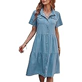 ebossy Women's Casual Short Sleeved Denim Shirt Dress Turn Down Collar Button Up Knee Length Tiered Jean Dress