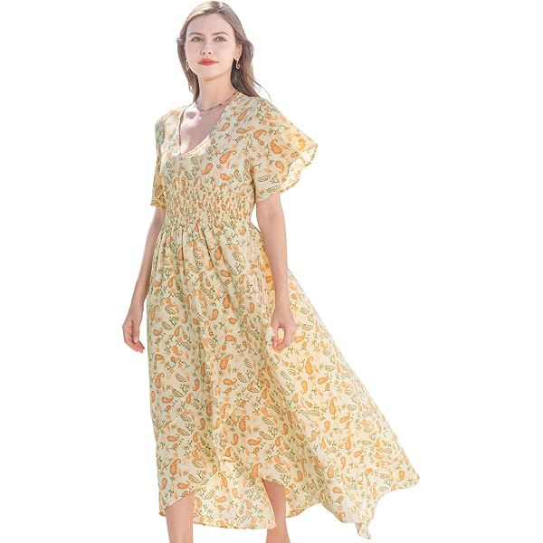 Women's Summer Empire Elastic Waist Boho Floral Midi Dress Casual Bohemian  Short Sleeve V-Neck Knee Length Dresses at Amazon Women's Clothing store