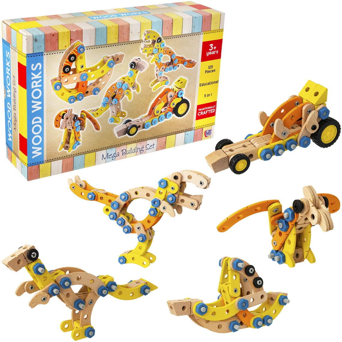 Wowow Toys Wood Works Mega Building Set | 5 IN 1 Wooden Construction Set | 125+ Piece Build Your Own Construction Playset | Wooden Building Kit | Kids' Play Figures & Vehicles | Ages 3+