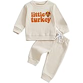 Doqcey Toddler Baby Boy Thanksgiving Outfit Little Turkey Embroidery Long Sleeve Waffle Knit Sweatshirt Pants Set