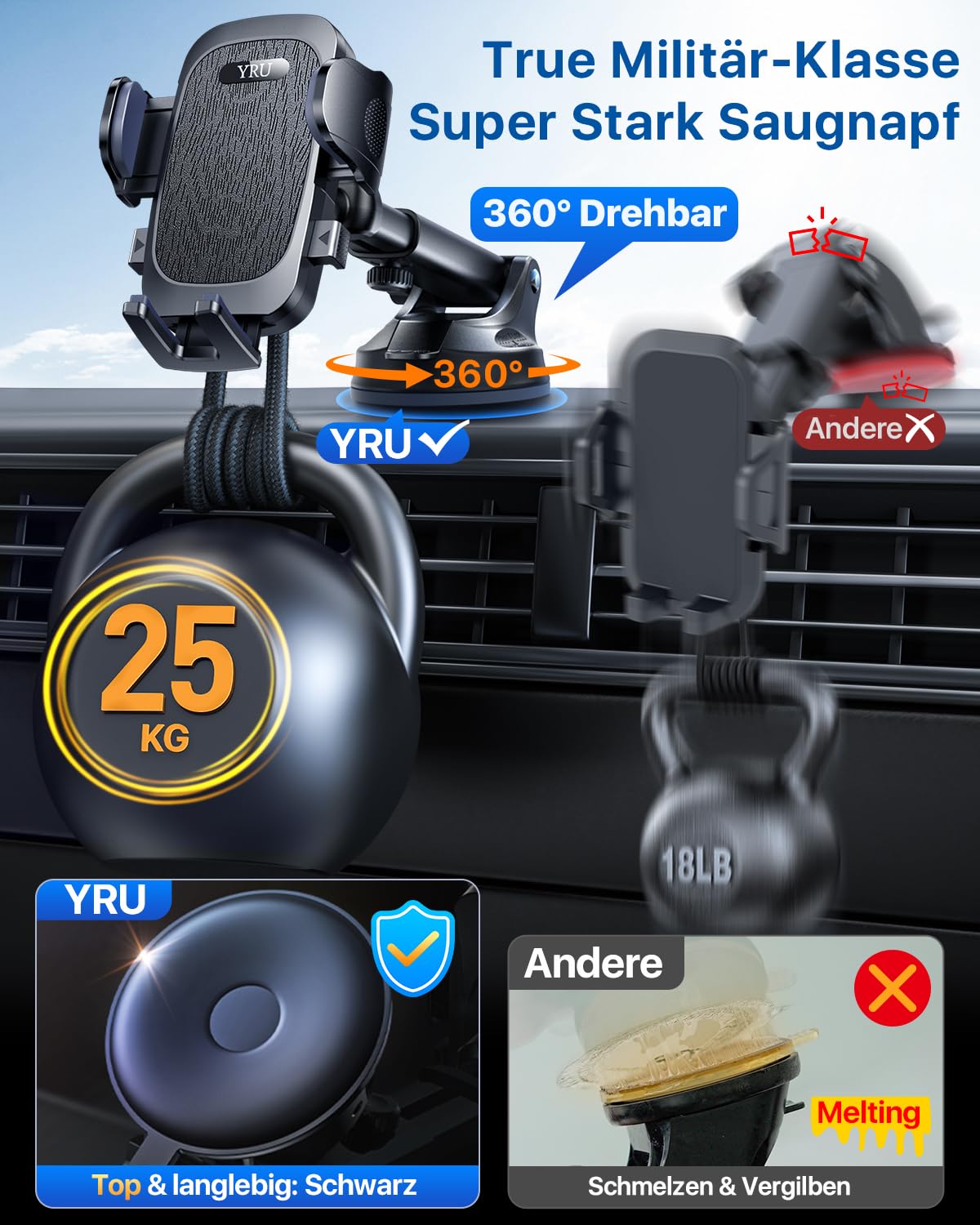 [2026 Militär-Klasse] YRU Handyhalterung Auto Handy Halterung Auto [Stärkst Saugnapf & Clip] Universal Auto Handyhalterung Armaturenbrett Scheibe Lüftung für iPhone 17 Pro 16 Samsung S25 ultra Schwarz 2