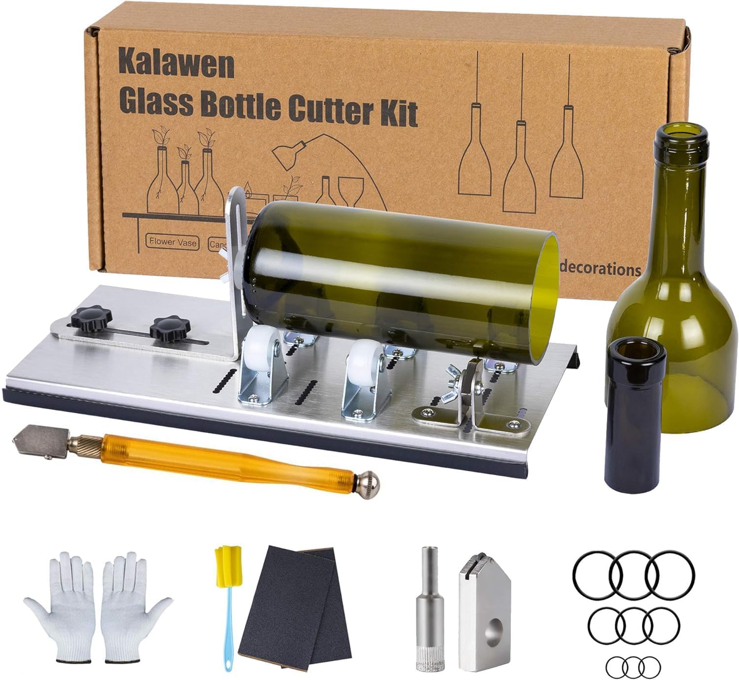 Kalawen Glass Adjustable Bottle Cutter DIY Tool for Bottle Neck & Round Bottle with Glass Cutter, Stainless Steel Cutting Machine Set for Wine, Beer, Liquor, Alcohol, Champagne, Soda Round Bottles