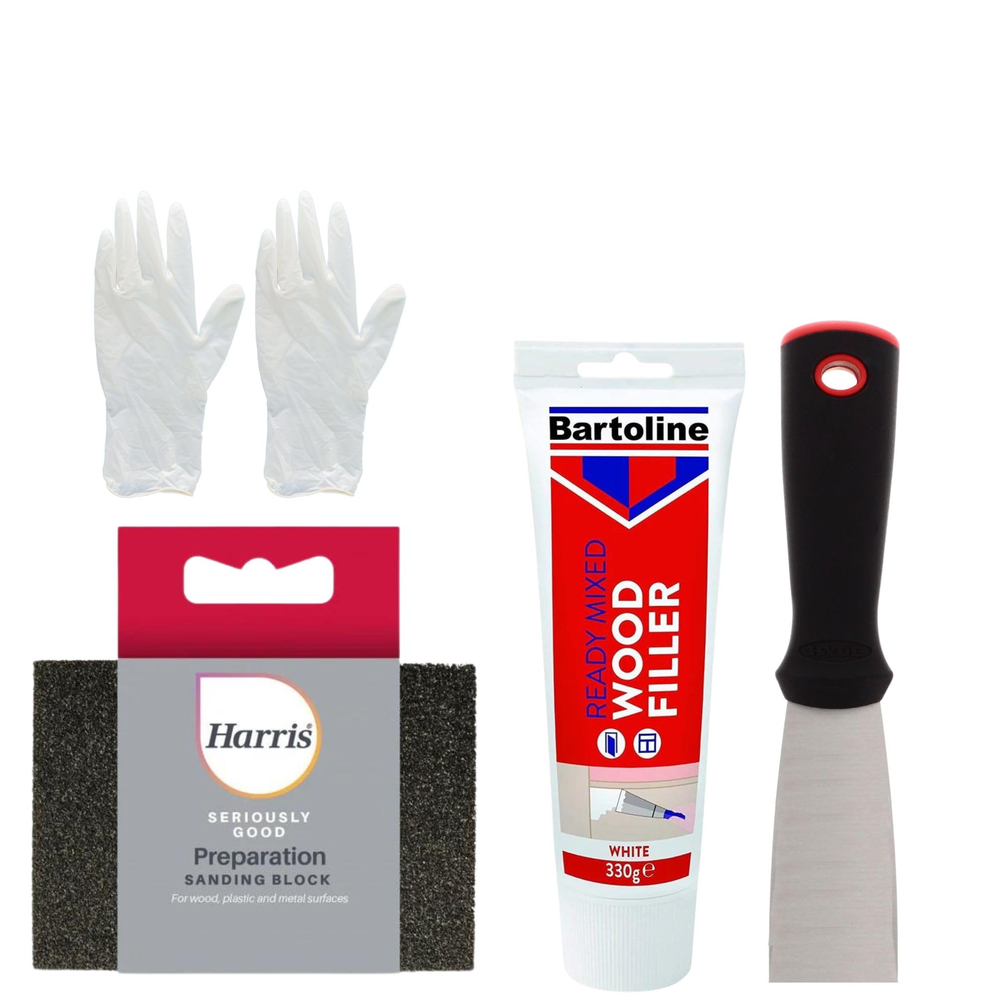White Wood Filler Set - Bundle with Putty Tool, Harris Sanding Block 330g White Wood Filler - Restores Wood and is Easy to Apply - Suitable As Wood Filler Outdoor and Indoor Use