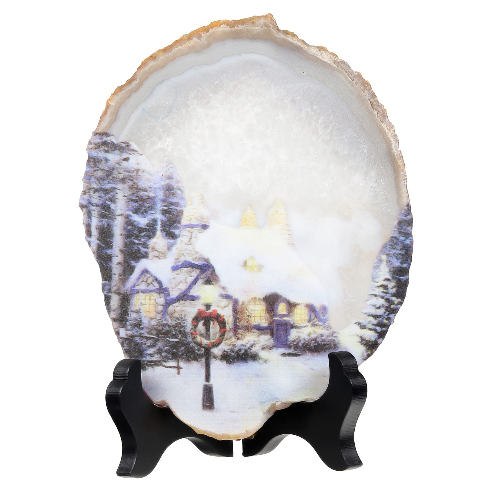 KYEYGWO Natural Irregular Agate Slice Painting Decor with Wooden Stand Agate Geode Slab for Desk Hallway, Snowscape — image 1