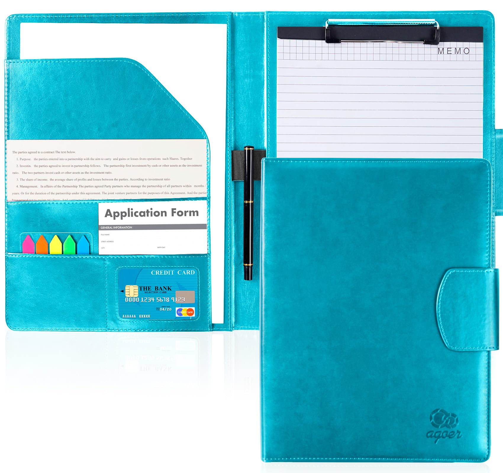 Agoer A4 Conference Folders,Faux Leather Clipboard Folder with Magnetic Closure Cover,Business Folder Foldover with A4 Paper,Sticky Arrow Tabs,Pen,Writing Pad Organizer Clip Board for Work,Turquiose