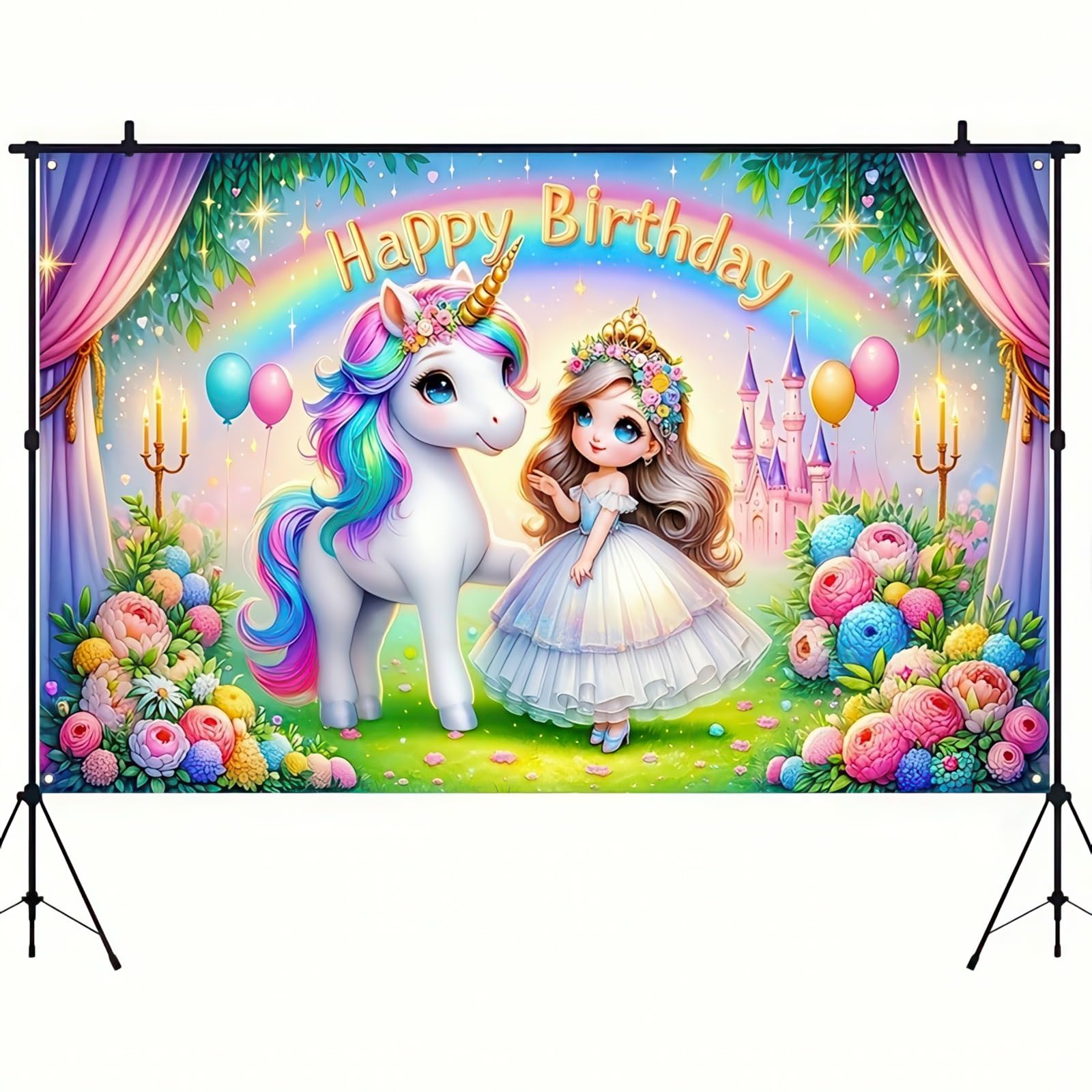 Photo 1 of   BlissYard Happy Birthday Princess Unicorn Banner - Rainbow Decorations With Castle And Balloons 71 X 43