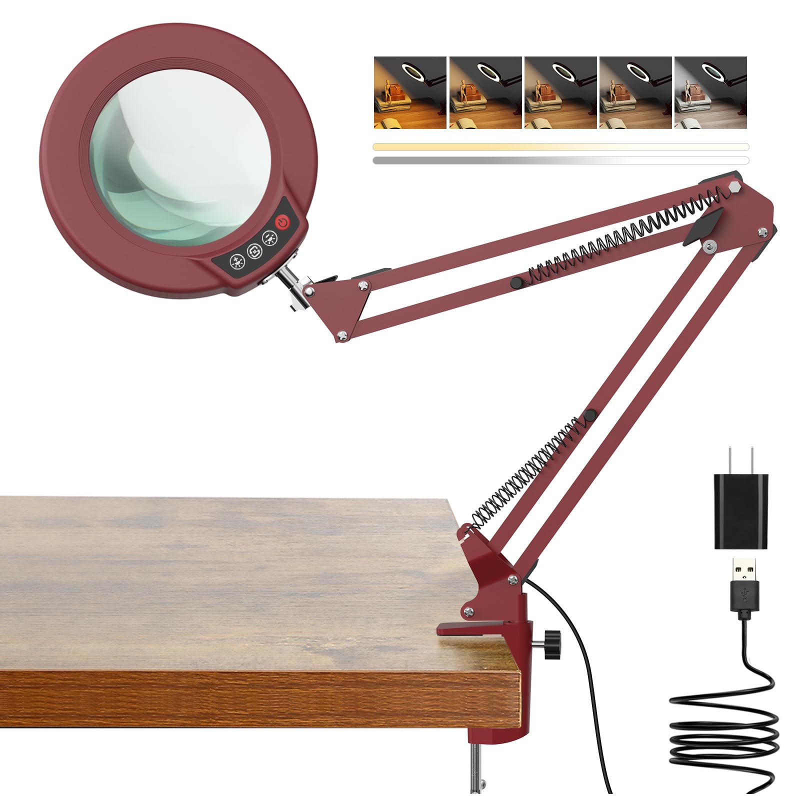 Photo 1 of 10X Magnifying Glass with Light and Clamp, Real Glass Stand Lighted Magnifier, 5 Color Modes Stepless Dimmable LED Desk Lamp Hands Free for Crafts Hobby Reading Painting Sewing Close Work - Red