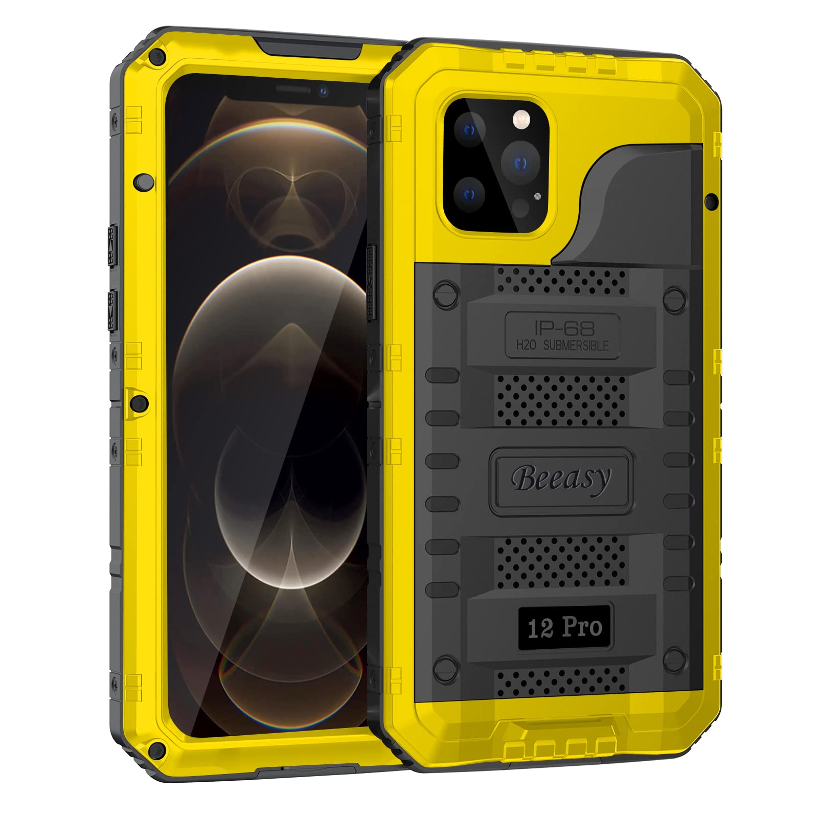 Beeasy iPhone 12 Pro Case - Military Grade, IP68 Waterproof, Built-in Screen Protector, Metal Protection, Yellow