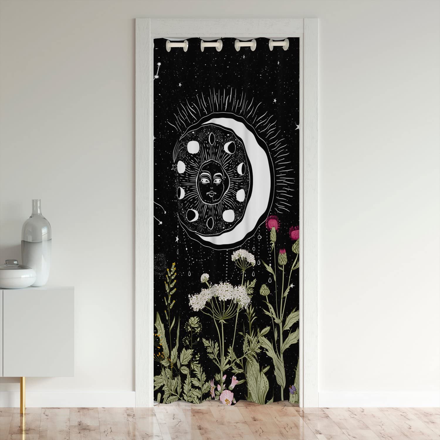 Loussiesd Sun and Moon Doorway Curtain Privacy Door Cover Bohemian Heat Blocking Blackout Thermal Insulated Boho Floral Darkening Curtains Bedroom 132x203cm 1 Panel