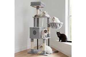 Heybly Cat Tree, 49.2 Inches Cat Tower for Indoor Cats, Spacious Cat House Condo with Hidden Space，Sturdy Steel Tube，Soft Plush Top Perch，Cozy Hammock and Sisal Scratching Posts, Light Gray HCT200SW