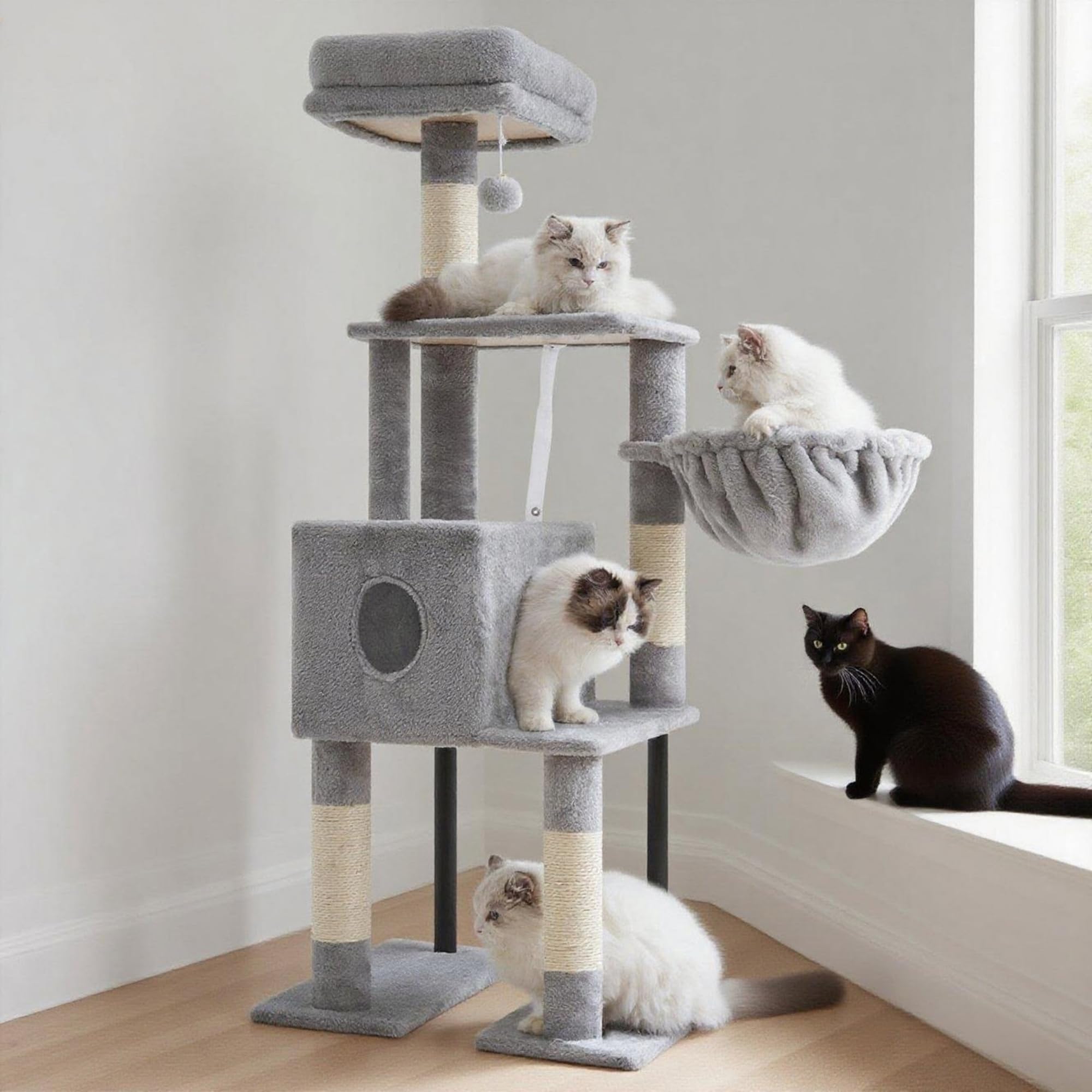 Photo 1 of Heybly Cat Tree, 49.2 Inches Cat Tower for Indoor Cats, Spacious Cat House Condo with Hidden Space?Sturdy Steel Tube?Soft Plush Top Perch?Cozy Hammock and Sisal Scratching Posts, Light Gray HCT200SW