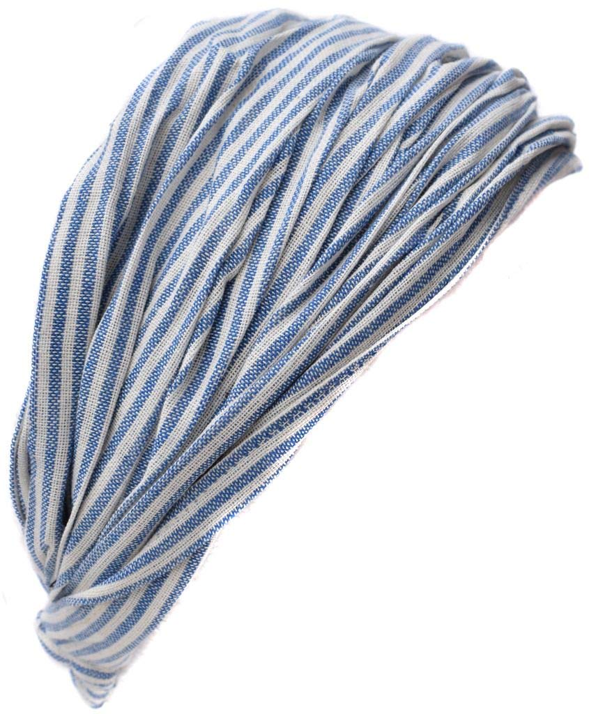 Gheri Cotton Elastic Hippie Bohemian Bandana Headband Light Blue Pin Striped