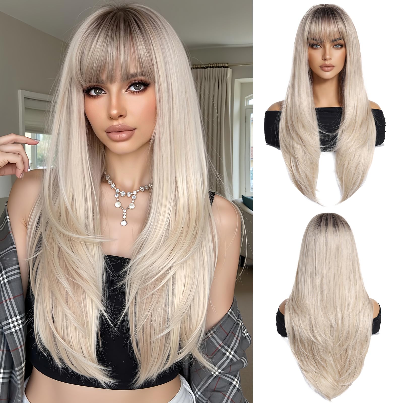 OUFEI Ombre Blonde Wigs with for Women Bangs Long Straight Layered Synthetic Hair Wigs with Dark Roots for Daily Party Use — image 1