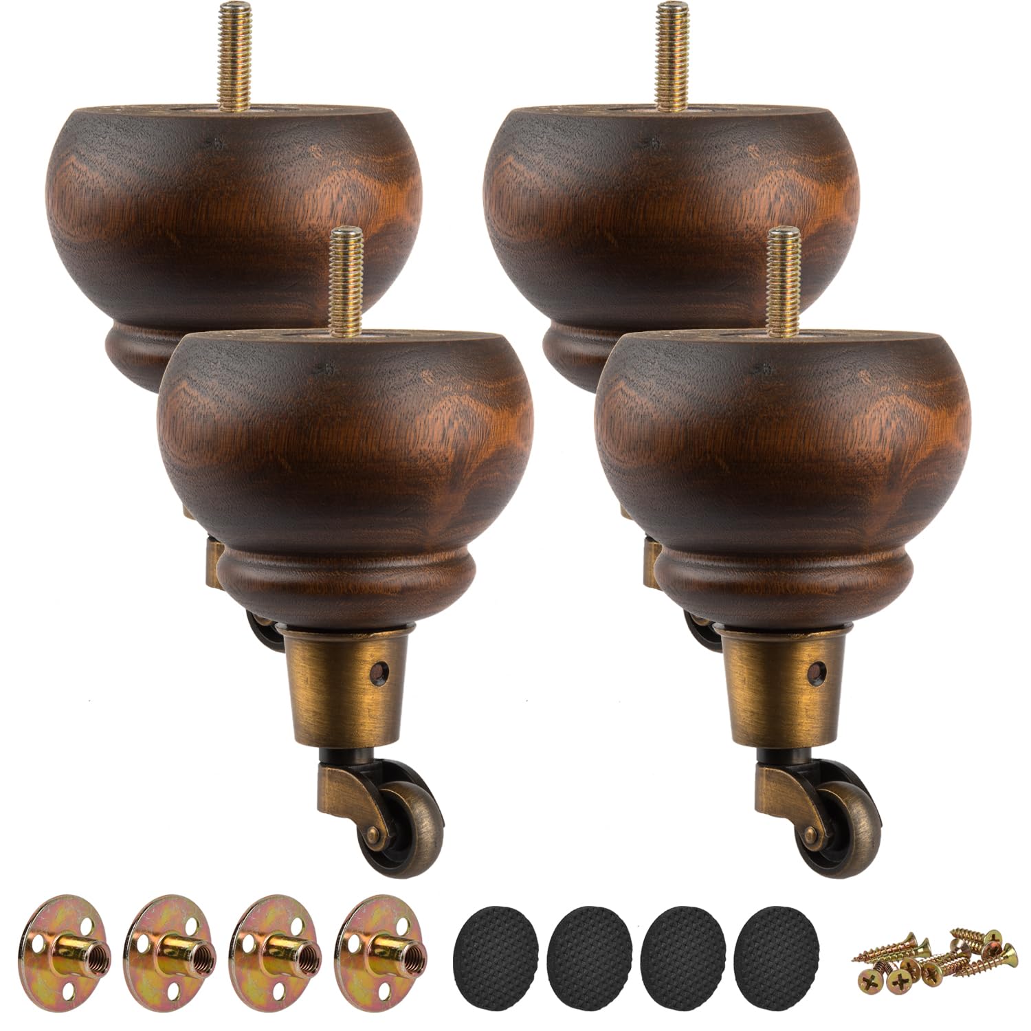 Photo 1 of TCHOSUZ 6 inch / 14cm Wooden Furniture Legs with Casters Wheels, Pack of 4 Classic Glaze Solid Wood Round DIY Replacement Bun Feet for DIY Project Sofa Couch Ottoman Cabinet Bed Riser