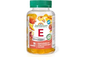 Jamieson Vitamin E 100 IU Gummies Peach Mango Flavour, with 25 mg Vitamin C. Packed with Antioxidants, Supports a Healthy Met