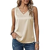 AGSEEM Satin V Neck Tank Tops for Women Dressy Casual Pleated Sleeveless Silk Camisole Blouses Business Work Shirts