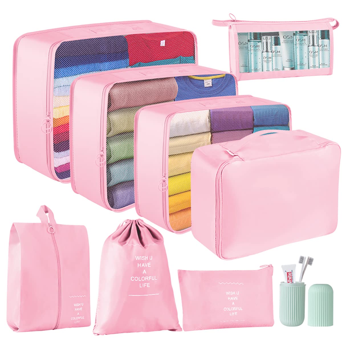 Packing Cubes for Suitcase, 9 PCS Lightweight Travel Luggage Organizers Set, Waterproof Luggage Packing Cubes for Travel Accessories(Pink)