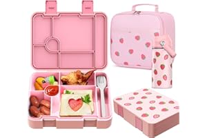 Bevalsa Bento Box for School Kids with Insulated Water Bottle Set - 43oz Lunch Containers Lunchbox Bento Box, 14oz Termos Kids Water Bottle, Lunch Bag for School Girls Kid Student (Pink Strawberry)
