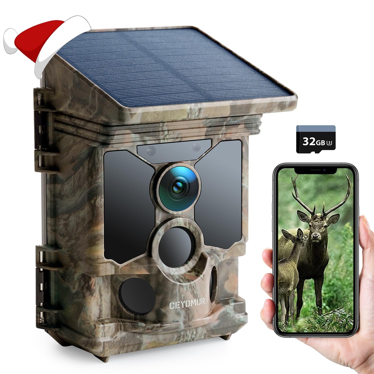 CEYOMUR Solar Wildlife Camera 4K 30fps, WiFi Bluetooth 68MP Trail Camera with 5200mAh Rechargeable Battery, 120° Detection Angle Night Vision Motion Activated IP66 Waterproof with 32GB Micro SD Card