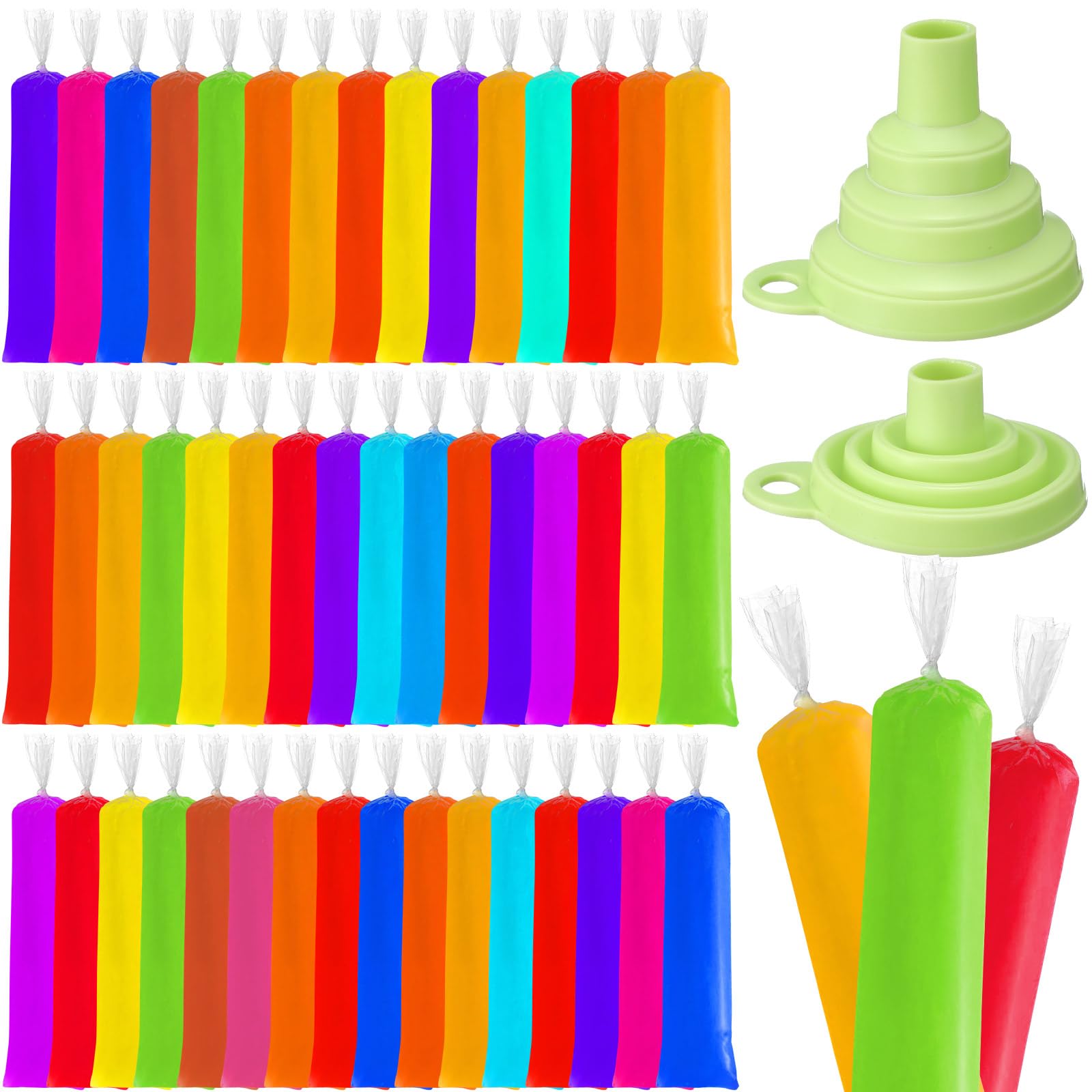Photo 1 of Hoolerry 600 Pcs Disposable Ice Lolly Bags Plastic Mold Ice Cream Bags with Silicone Foldable Funnel for Making Candy Yogurt Freeze Lolly(2.4 x 11.8 Inch)