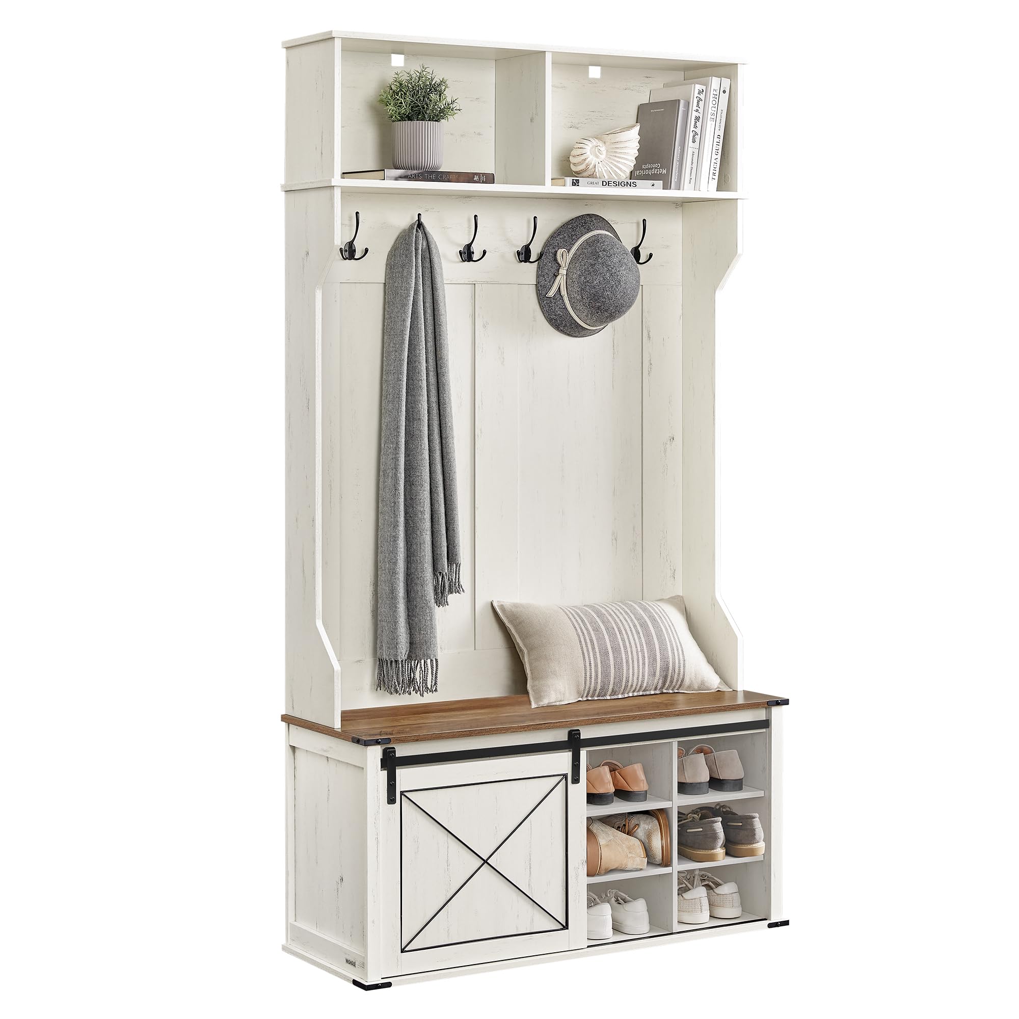 Photo 1 of * VERY USED * VASAGLE Hall Tree with Bench and Shoe Storage, Coat Rack with Shoe Bench, Entryway Furniture, 6 Tri-Hooks, Sliding Door, Farmfouse Style, Space Saving, Rustic White and Honey Brown UHSR442W01
