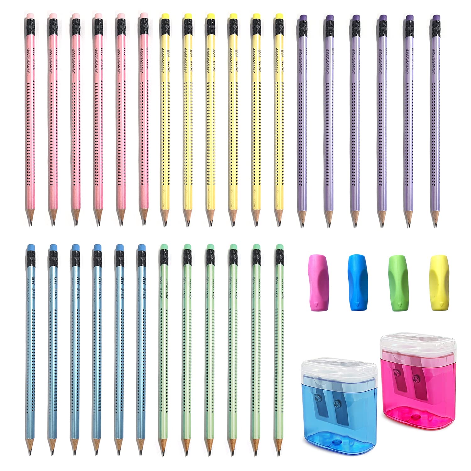 BEIIEB 30 Pieces Pencils and 4 Pieces Writing Aid with 2 Pieces Sharpeners, 5 Colours HB Student Pen with Eraser, Correction Grip Writing Pen for School, Office, Writing, Drawing