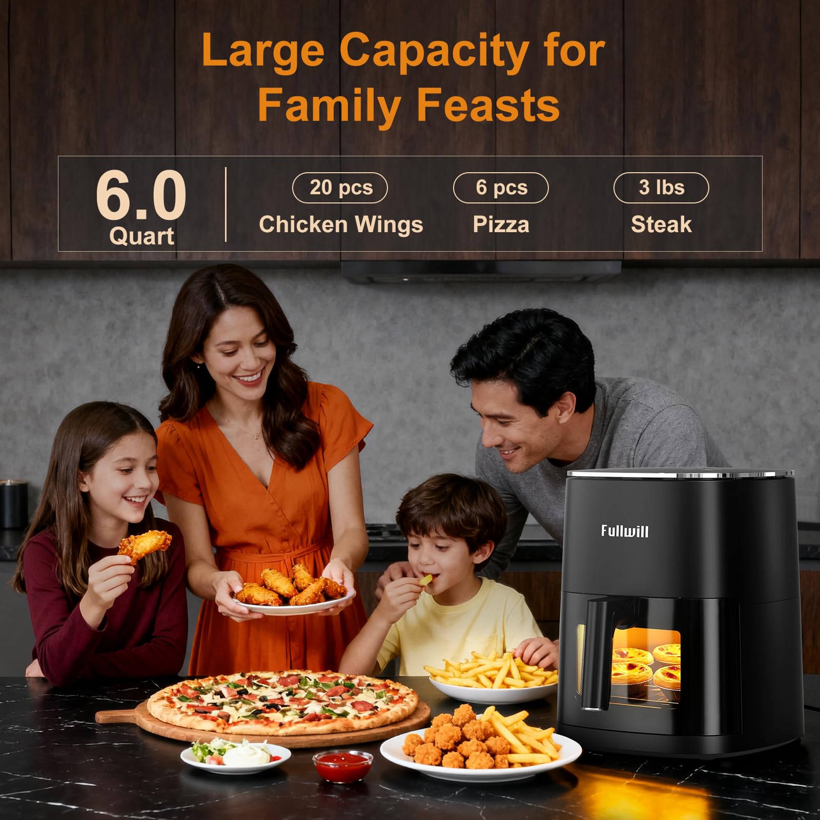 Freidora de aire Fullwill con ventana de visualización 6QT, multifunción 5 en 1 (freír, asar, hornear, recalentar, deshidratar) más 7 ajustes preestablecidos de un solo toque para alitas, papas fritas, bistec y más, 85% menos de aceite para cocinar en familia