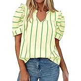Tankaneo Womens Puff Sleeve Striped Blouses Dressy Casual V Neck Shirts Summer Trendy Loose Fit Tunic Tops