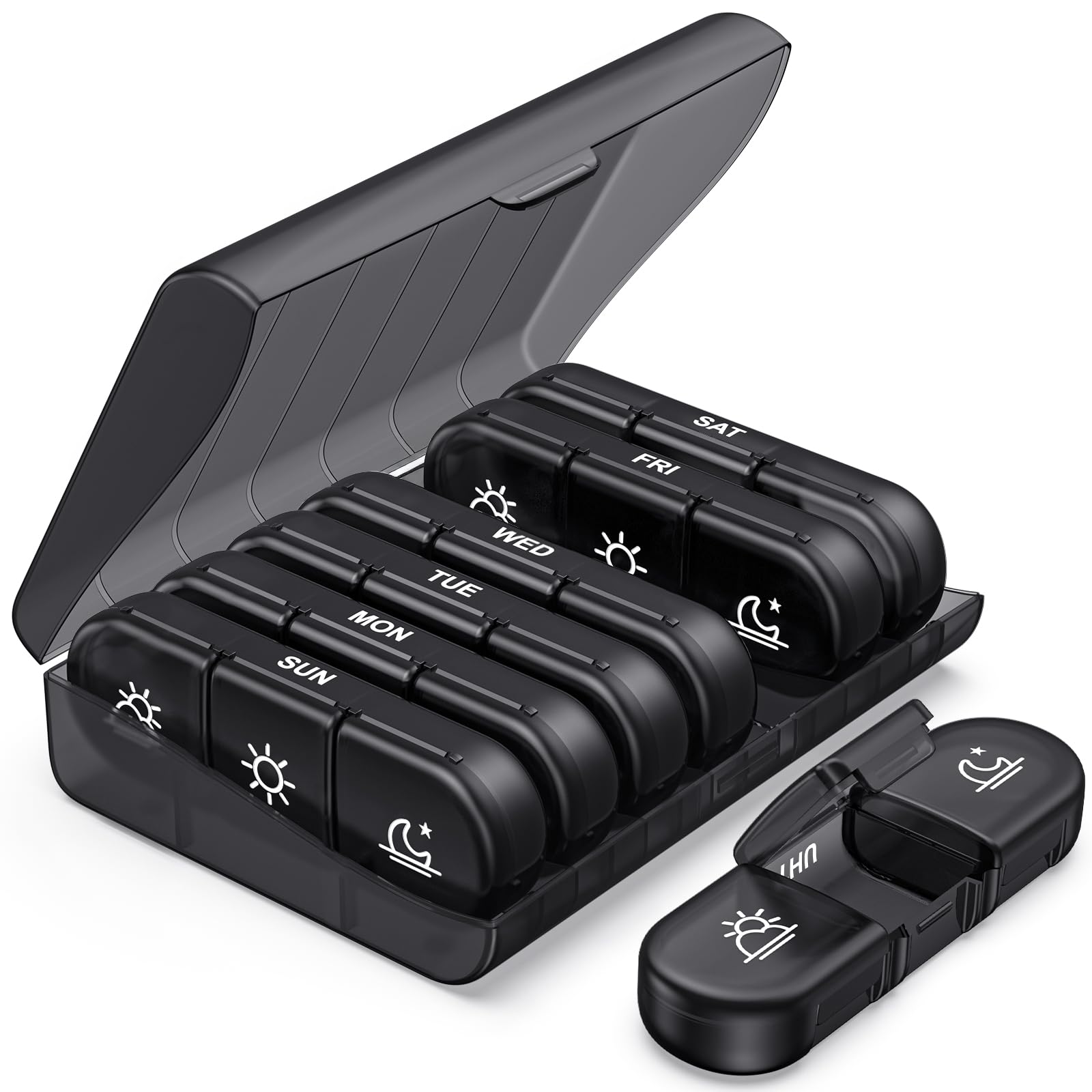 Photo 1 of *** missing lid and container WED**** PULIV Weekly Pill Organizer 3 Times a Day, Portable Travel Pill Box 7 Day with Large Pill Containers, Light-Proof Pill Case for Vitamins, Medication, Supplements and Fish Oils (Black)