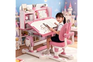 JENPECH Kids Desk and Chair Set, Ergonomic Height Adjustable Kids Desk with Cartoon Pattern, Widened and Tilt Desktop, Book Stand, Steel Hook and Storage Drawer for Boys & Girls 3+ (Pink 1)