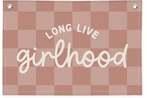 Wheatwin "Long Live Girlhood" Linen Canvas Wall Hanging 20x30 Inch - Pink Buffalo Check Girls Nursery & Toddler Room Decor, Banner Flag for Playroom Wall Art