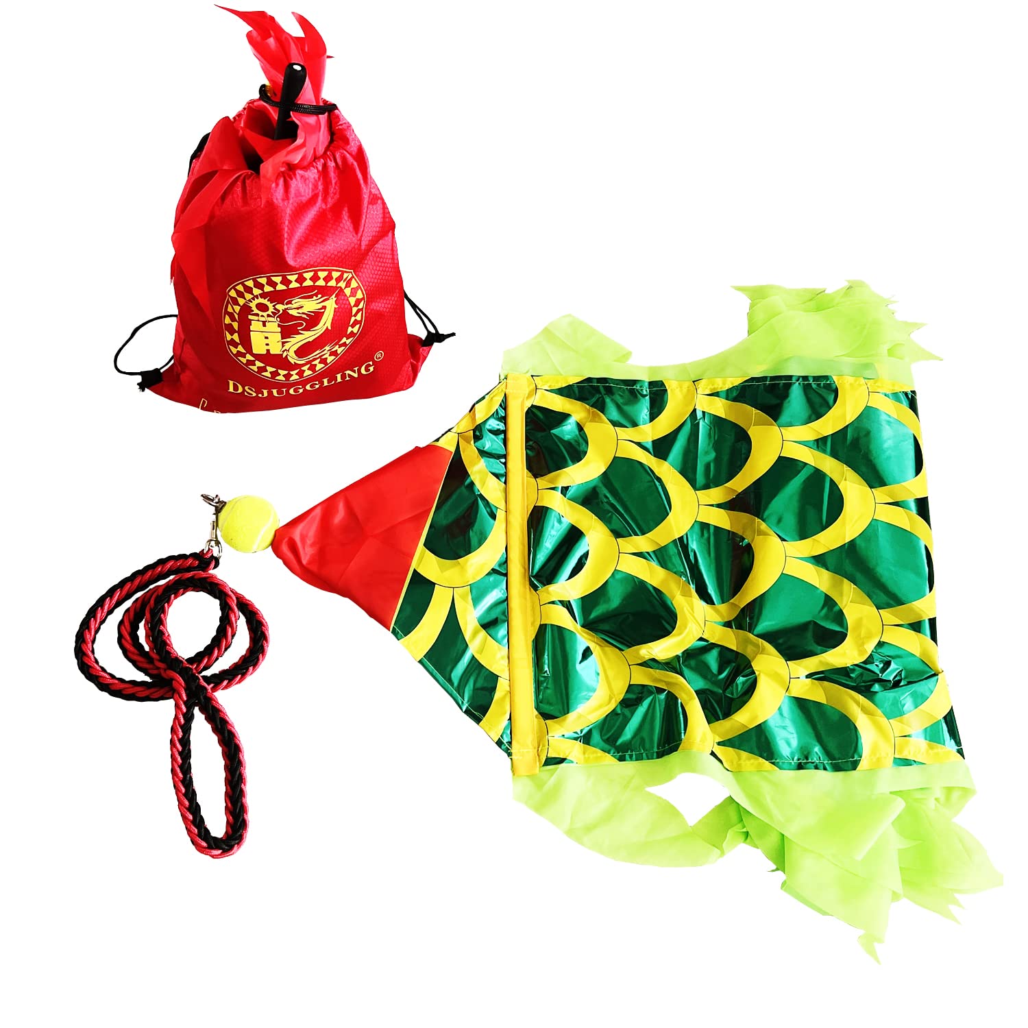 DSJUGGLING 3D Dragon Poi with 340g Weighted Ball & 1.1 Meters Swing Rope - Silk Flowy Shaking & Flinging Chinese Golden Dragon Ribbon Streamer + Travel Bag! (6 Meters (19.6 FT), Golden Red Dragon)