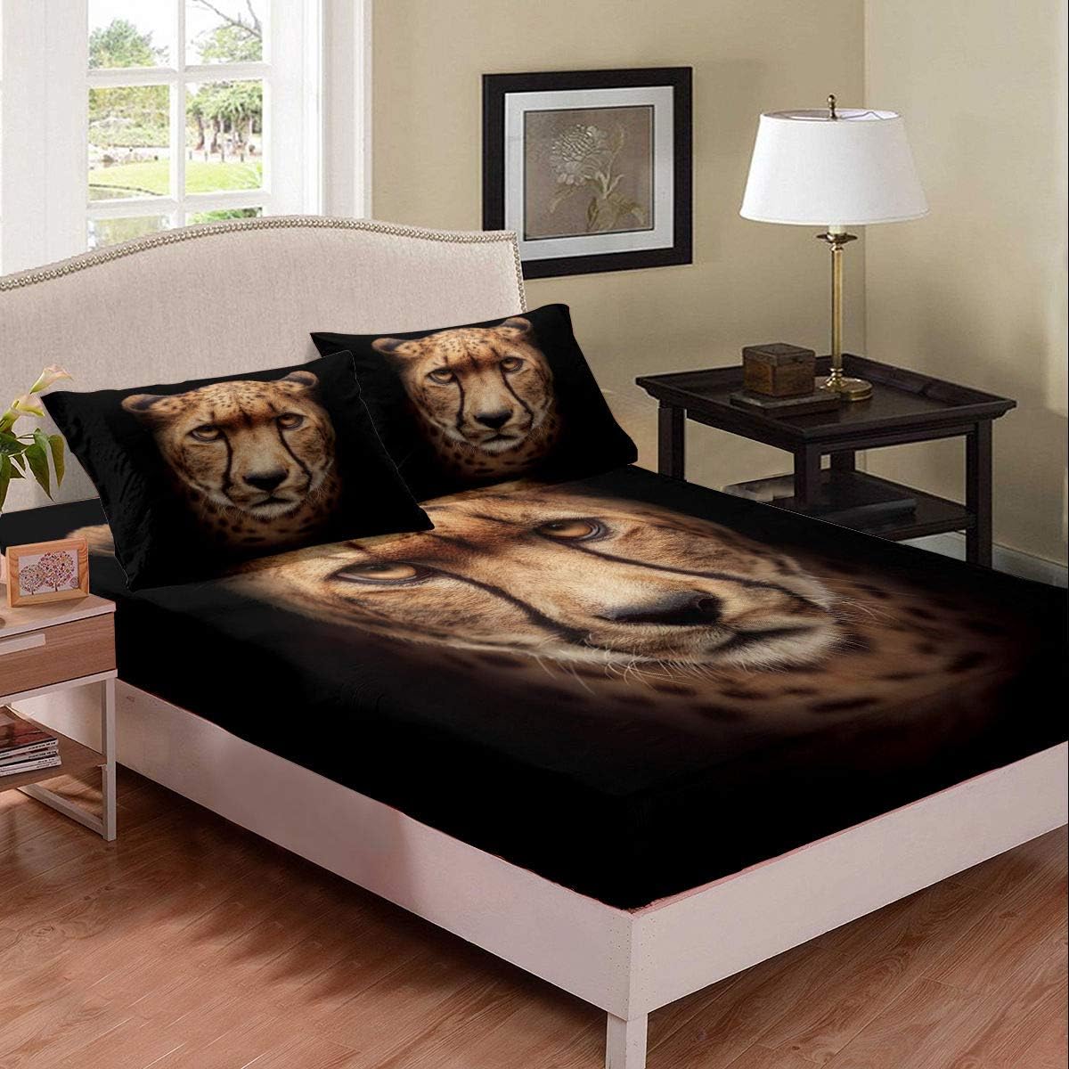 Erosebridal Boys Leopard Fitted Sheet Deep Pocket Cheetah Pattern Bed Cover Full Size for Kids