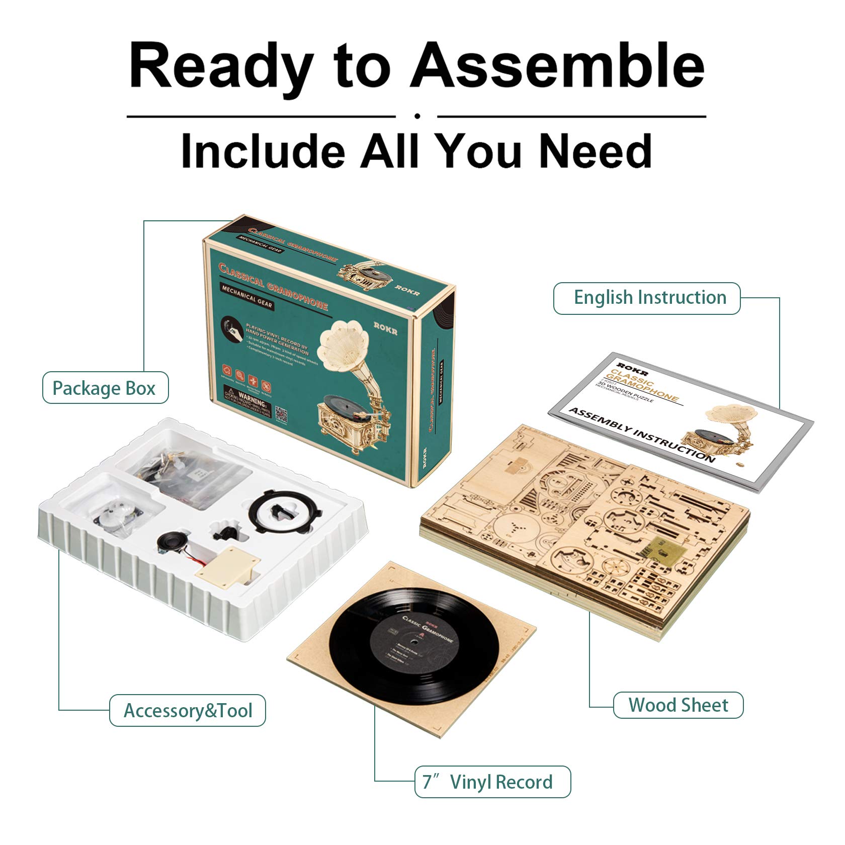 ROKR 3D Wooden Puzzles Gramophone for Adults - DIY Mechanical Model Kit 1:1 Replica Record Player Support 7