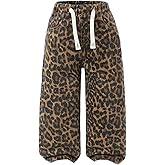 Verdusa Girl's Leopard Print Wide Leg Jeans Drawstring High Waisted Denim Pants Baggy Trousers