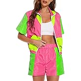 Yisfri Women's Color Block Windbreaker 2 Piece Outfits Short Sleeve Zip Front Elastic Waist Tracksuit Set