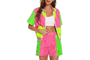 Yisfri Women's Color Block Windbreaker 2 Piece Outfits Short Sleeve Zip Front Elastic Waist Tracksuit Set